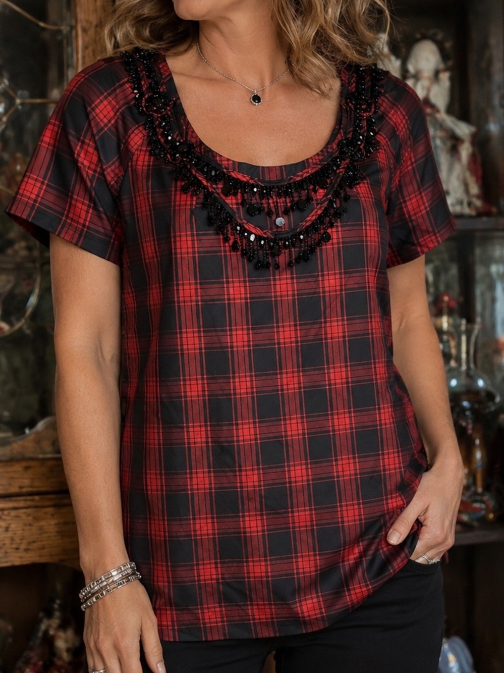 J.Crew Eliza silk red and black tartan plaid blouse built-in black xs 0